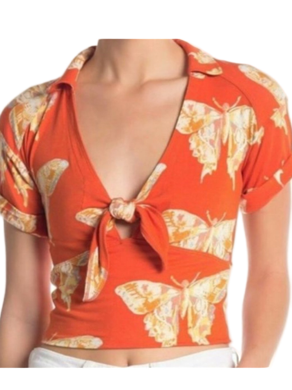 Free People Tigerlily Combo Cropped Collared Top Size XS Y2K Boho Butterfly